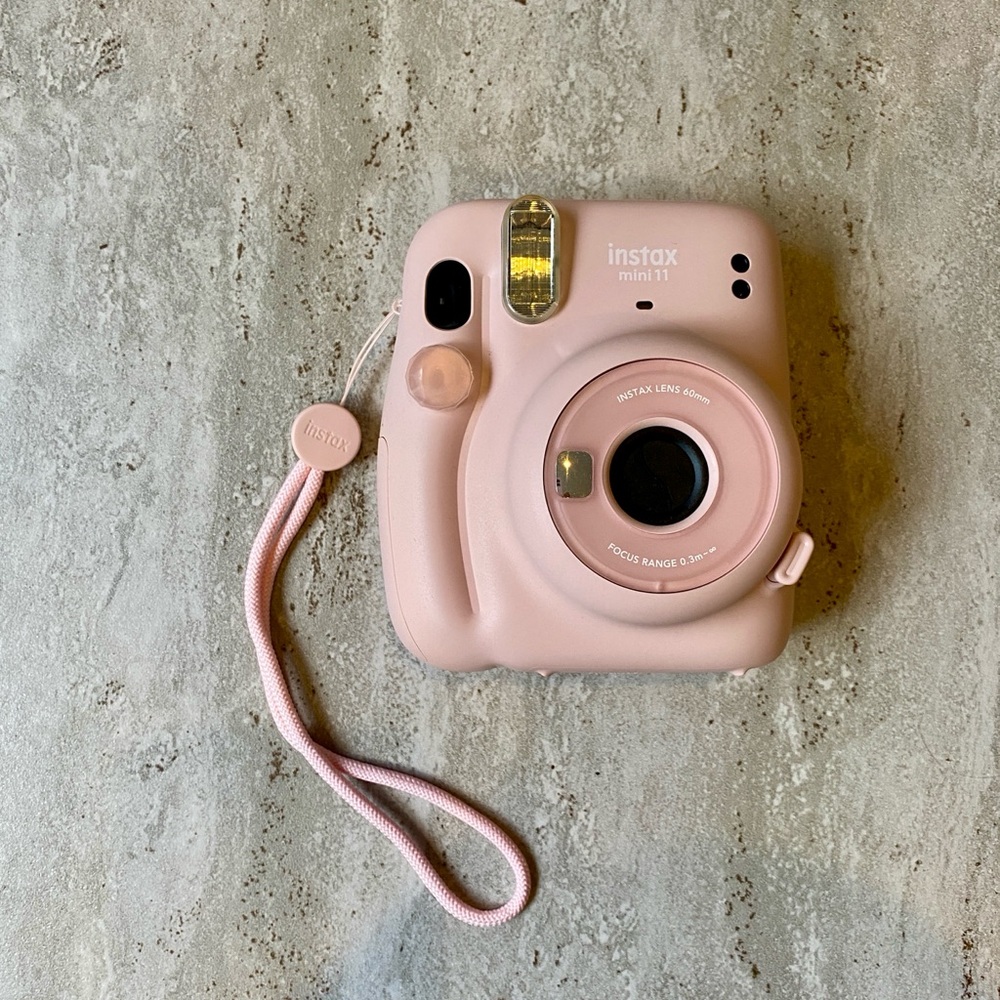 Instax Mini 11 Blush Pink Camera with hardshell case and extra strap